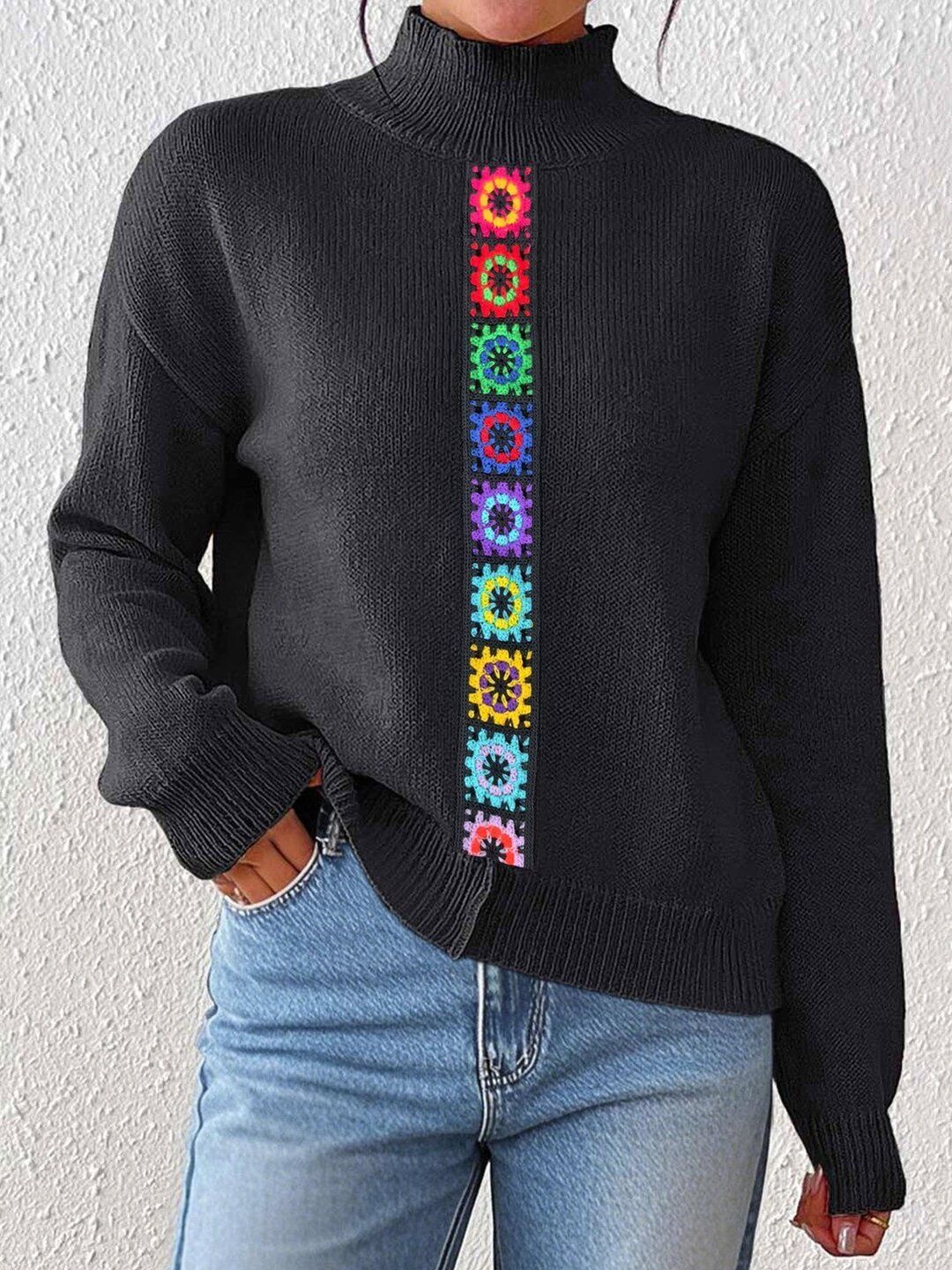 Women Colourblocked Pullover with Embroidered Detail