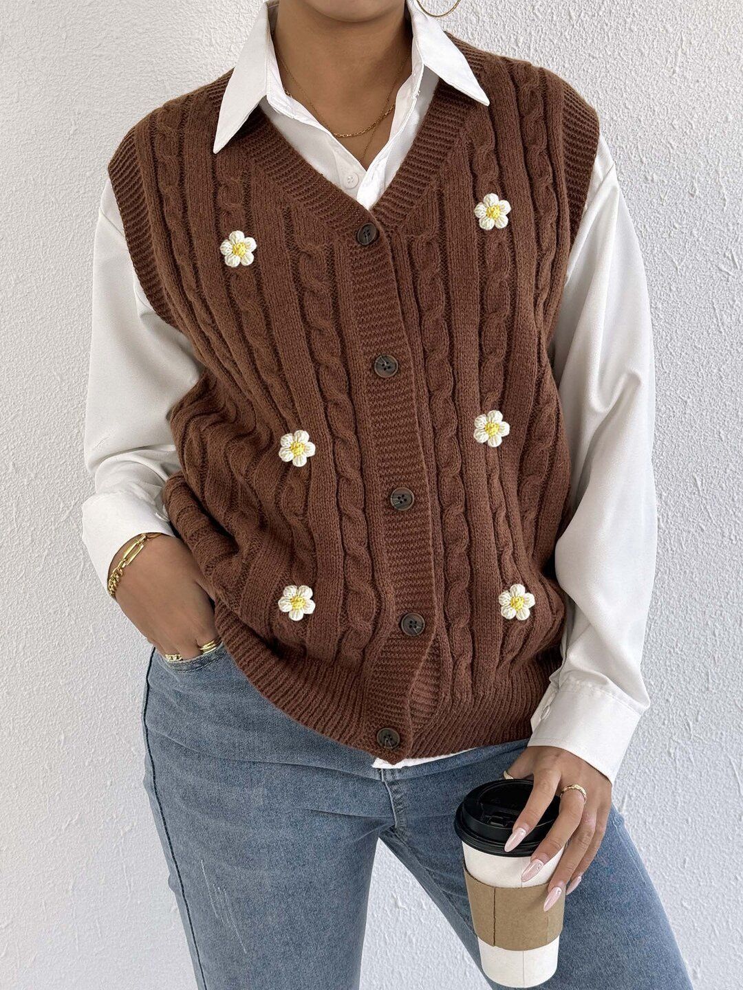 Women Cable Knit Ribbed Sweater Vest with Embroidered Detail