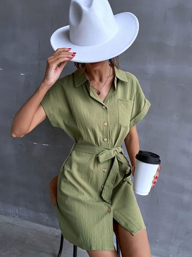 Shirt Dress Short Sleeve - Nowi Korean Fashion