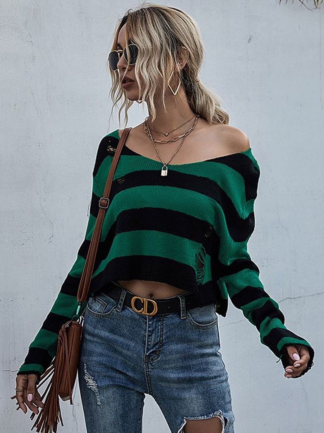 Women's Green Striped Crop Pullover With Fuzzy Detail