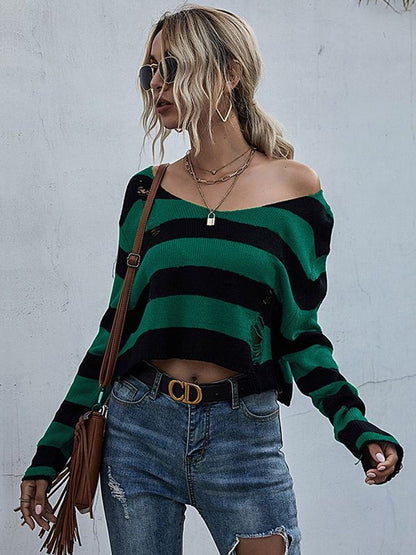 Women's Green Striped Crop Pullover With Fuzzy Detail
