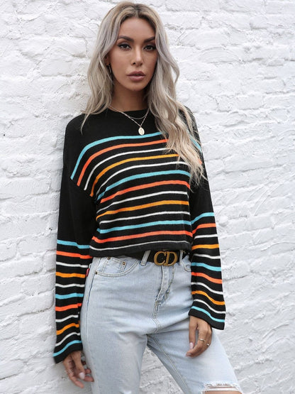 Rainbow Striped Crop Pullover in Black - Nowi Korean Fashion