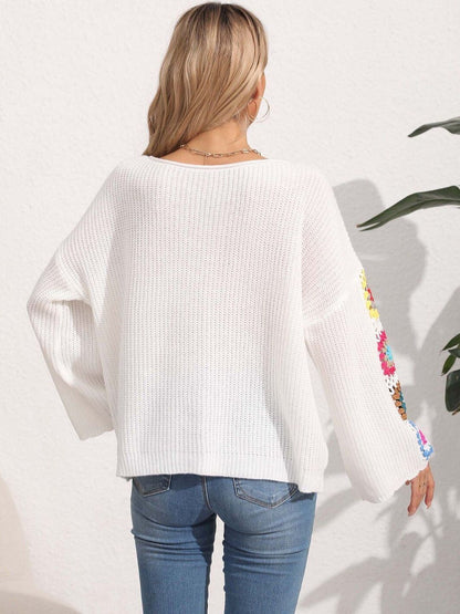 Women Colourblocked Ribbed Pullover with Embroidered Detail