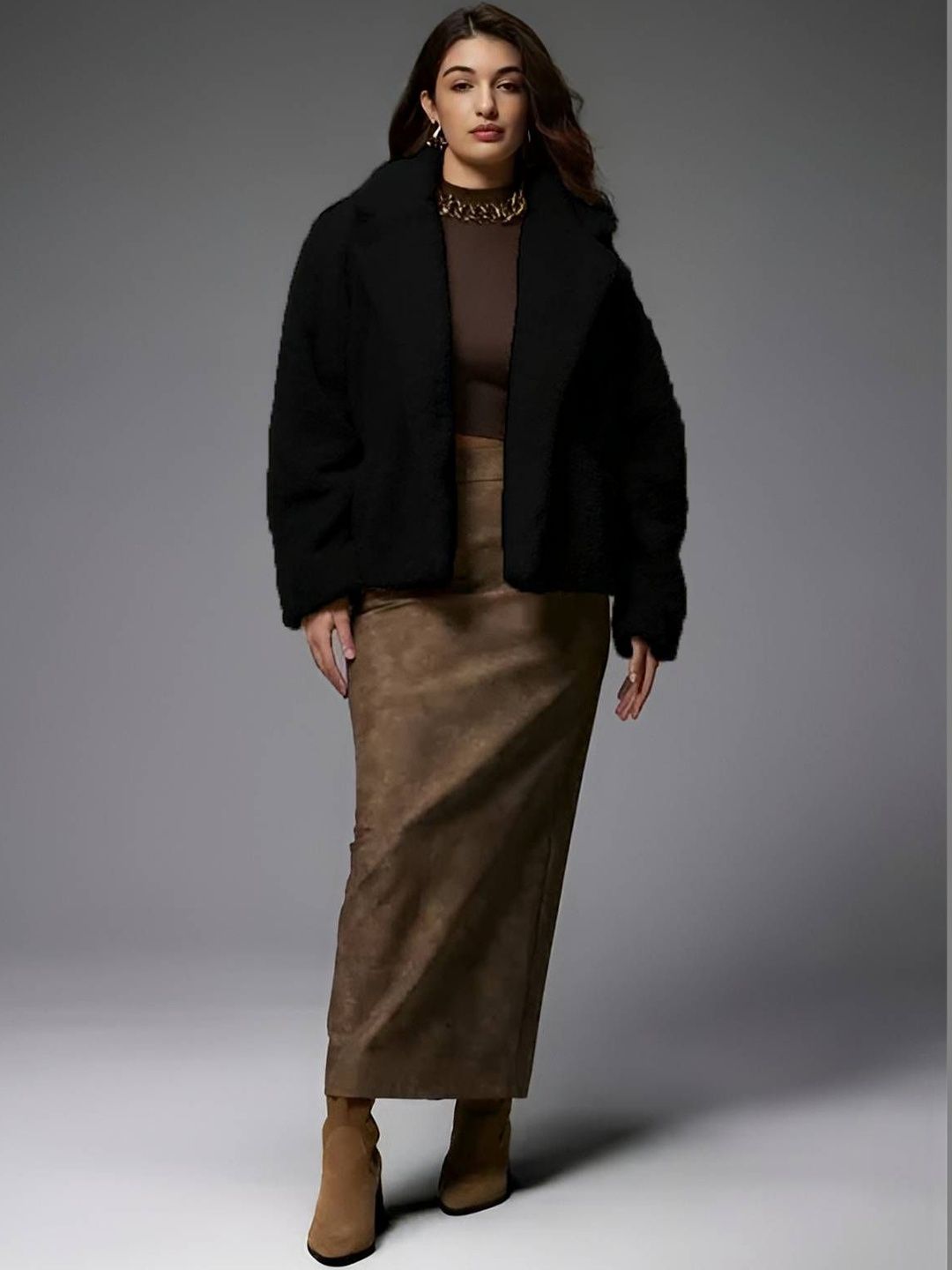 Open Front Jacket in Black faux-fur - Nowi Korean Fashion