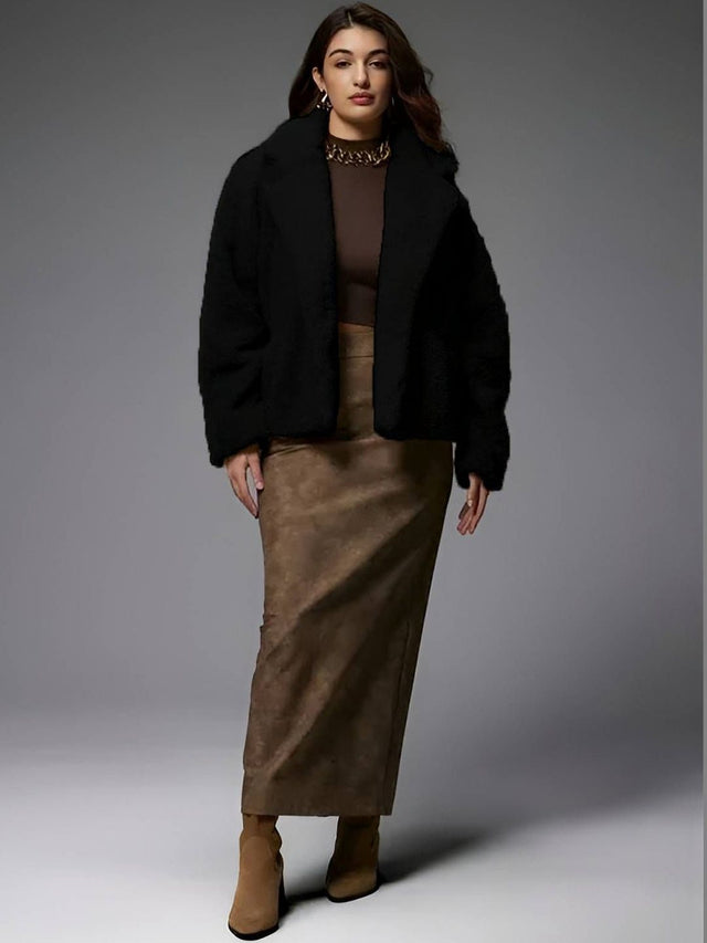 Open Front Jacket in Black faux-fur - Nowi Korean Fashion