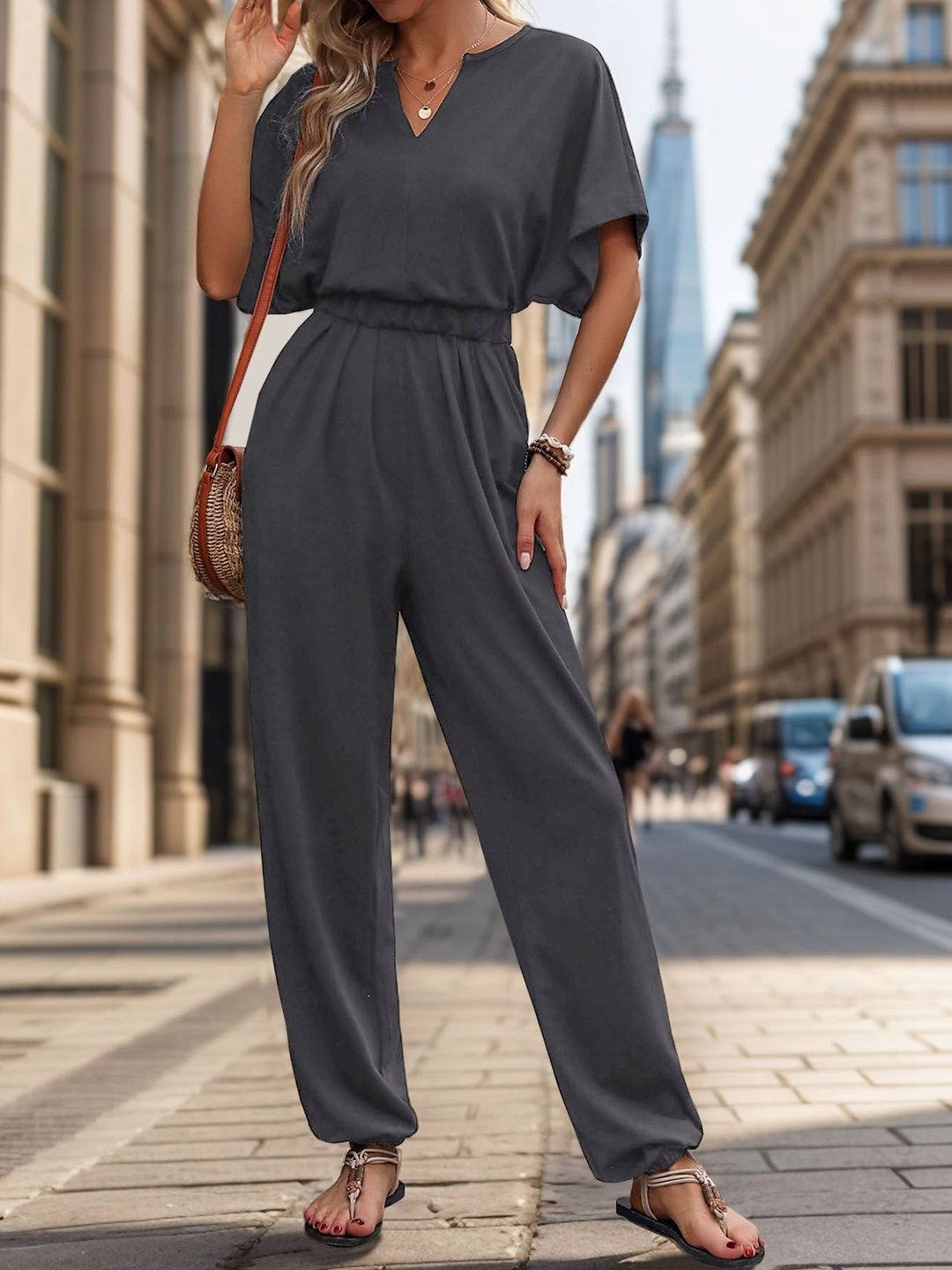 Basic Jumpsuit with Applique in Grey cotton - Nowi Korean Fashion