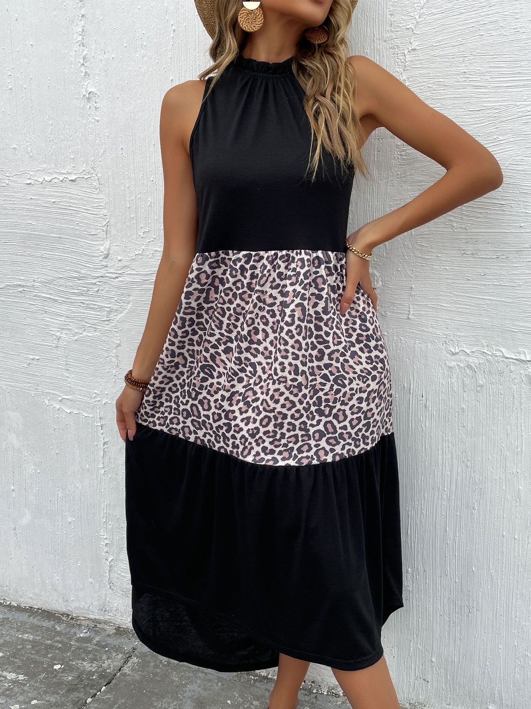 Animal Colourblocked Halter Neck A-Line Midi Dress in Black cotton - Nowi Korean Fashion