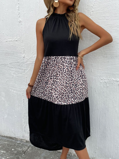 Animal Colourblocked Halter Neck A-Line Midi Dress in Black cotton - Nowi Korean Fashion