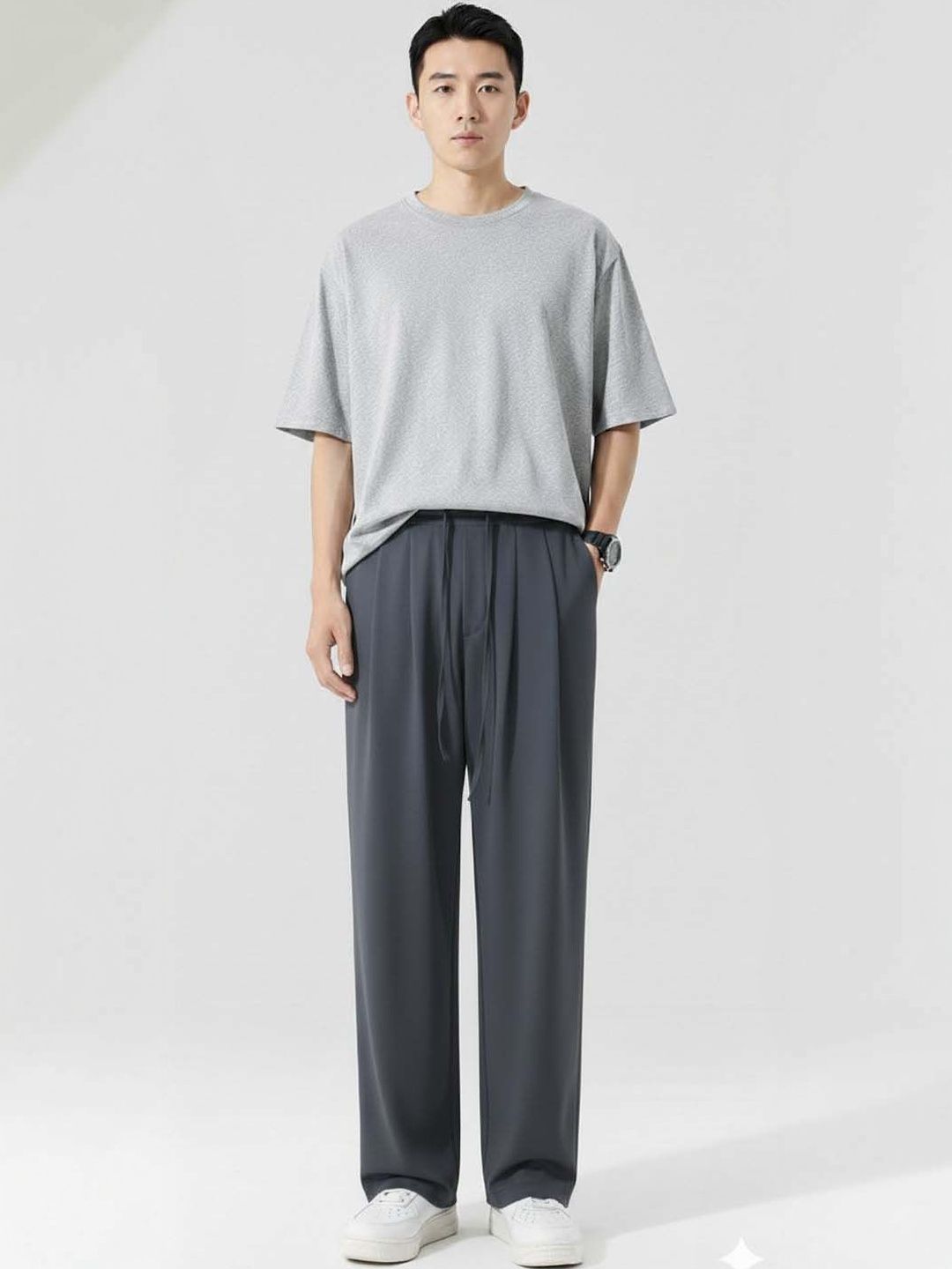 Wrinkle Free Pleated Trousers in Grey cotton - Nowi Korean Fashion