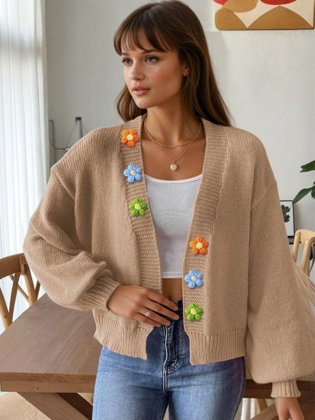 Cardigan with Embellished Detail in Brown acrylic - Nowi Korean Fashion
