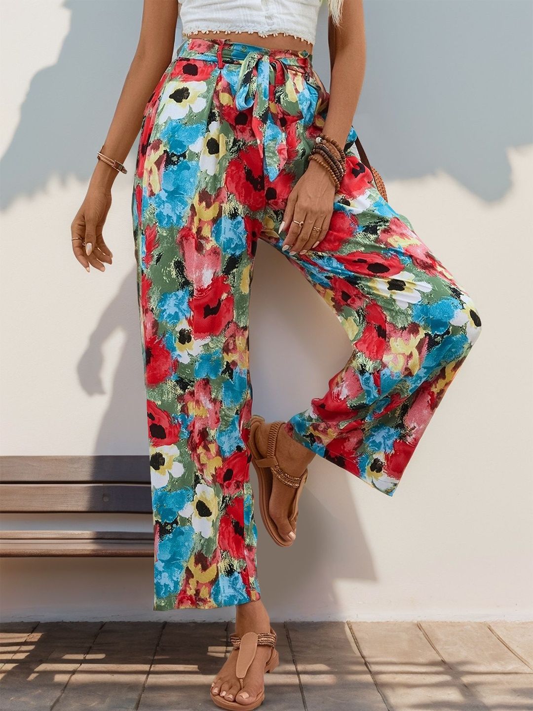 Women Floral Printed Non Iron Pleated Trousers
