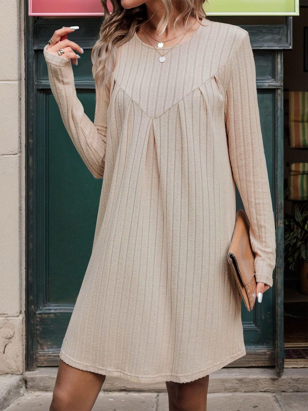 Women's Beige A-Line Dress Blend Printed