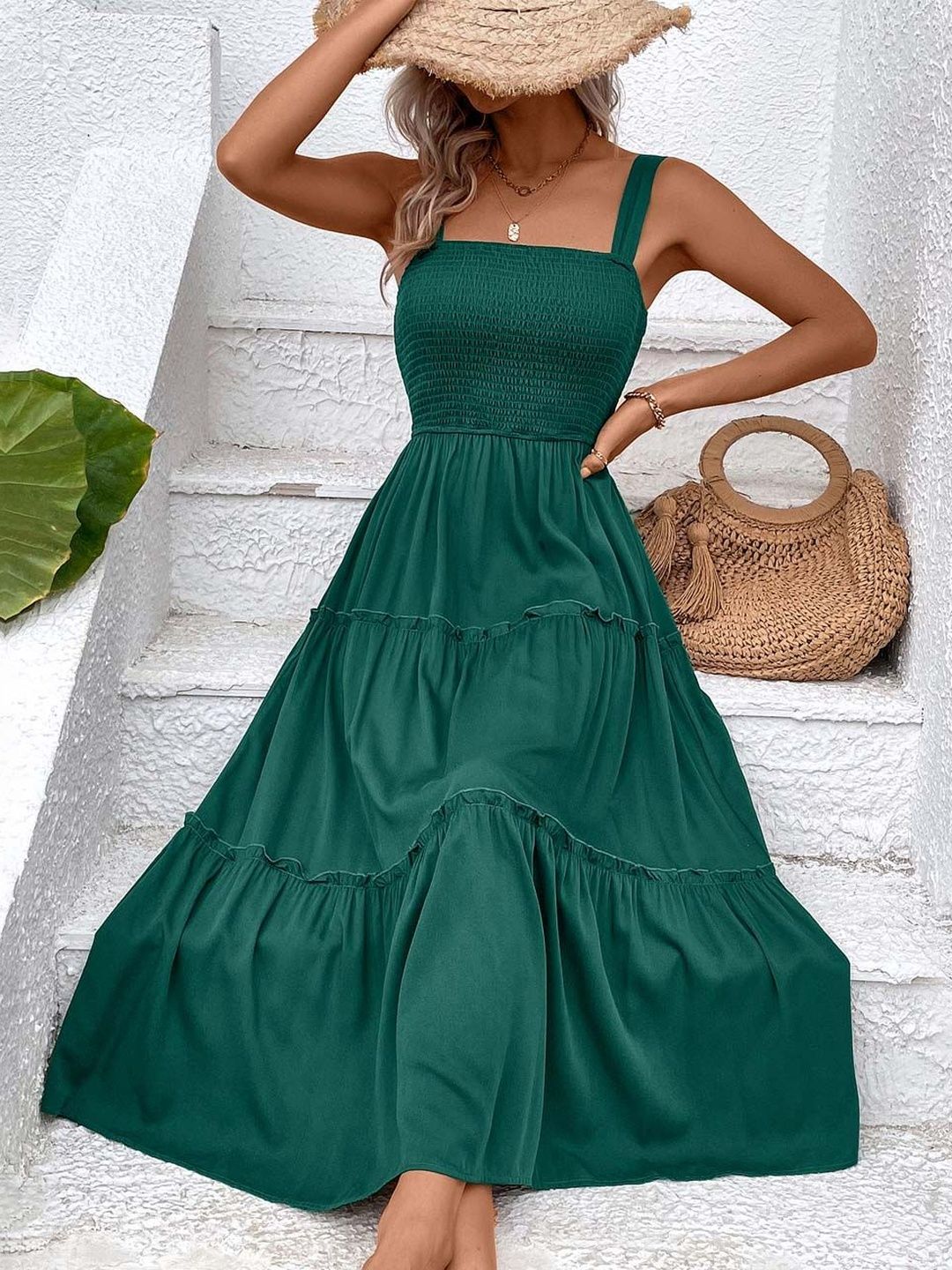 A-Line Midi Dress in Green polyester - Nowi Korean Fashion