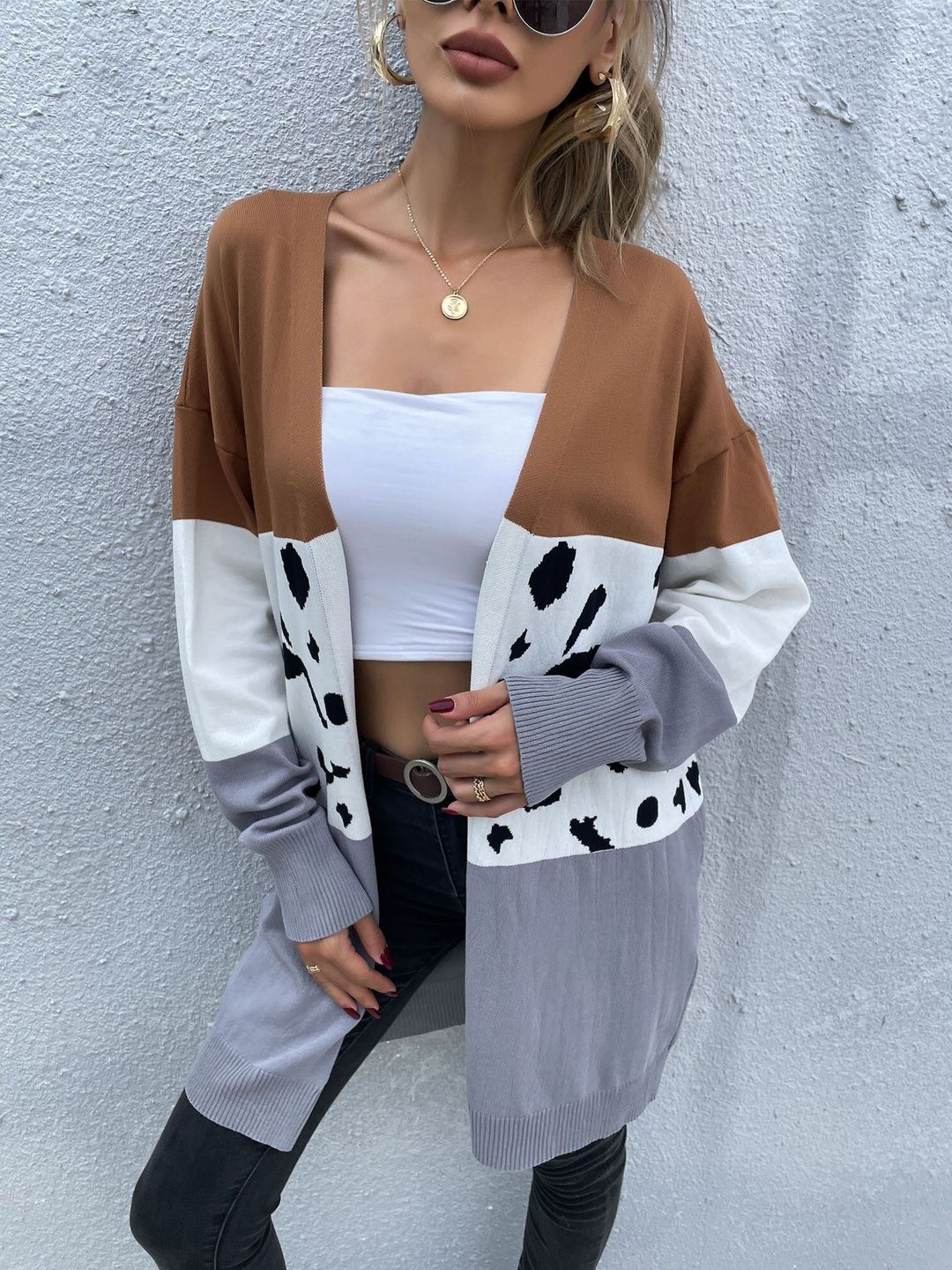 Women's Brown Colourblocked Cardigan Blend Printed