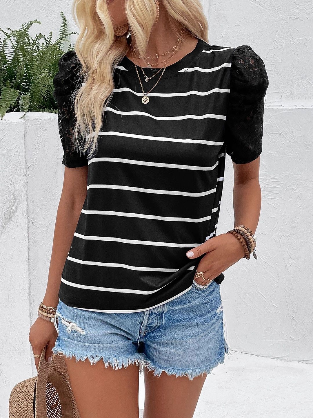 Striped Puff Sleeve Crop Top