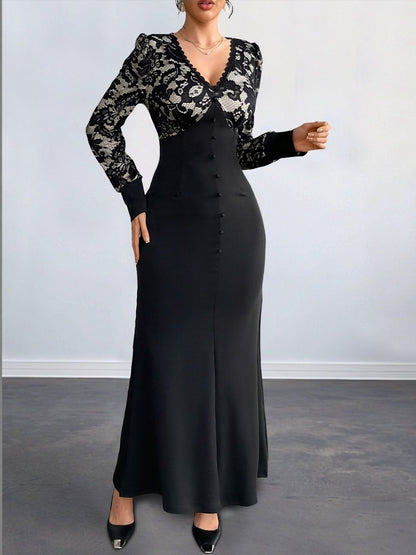 Floral Embroidered Puff Sleeve Fit & Flare Maxi Dress in Black - Nowi Korean Fashion