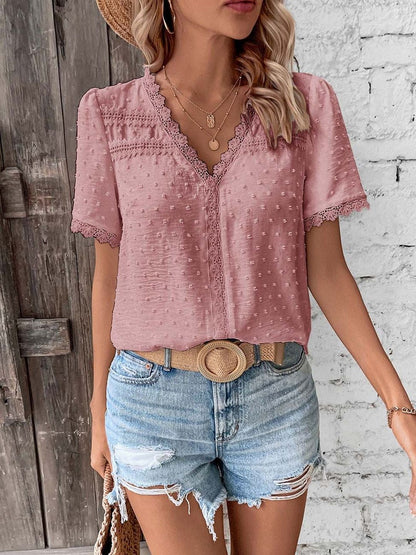 V-Neck Self Design Top in Pink polyester - Nowi Korean Fashion