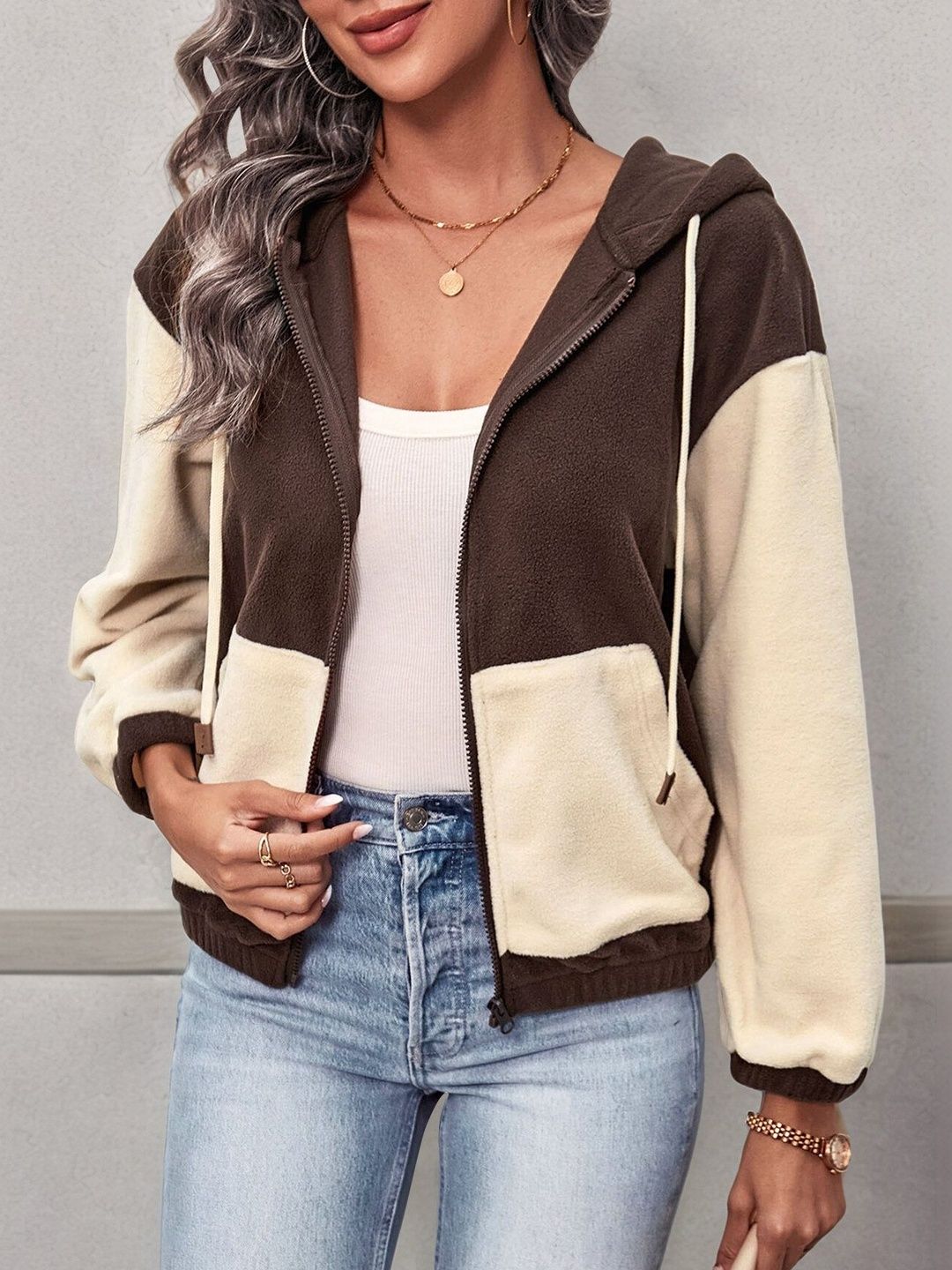 Women Colourblocked Fleece Bomber Jacket