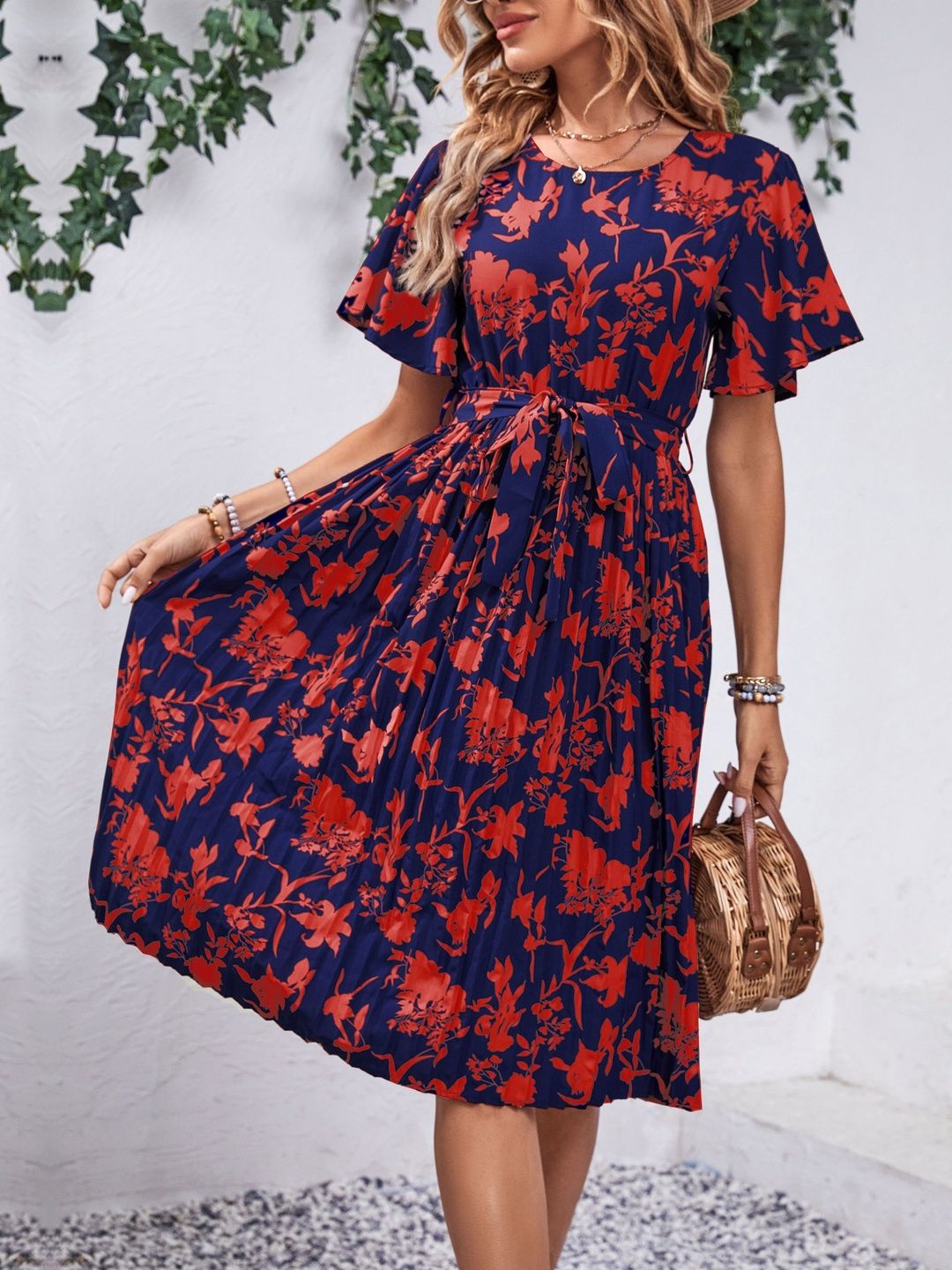 Floral Print Flutter Sleeve Fit & Flare Midi Dress