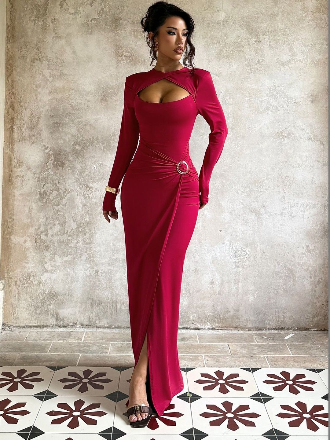 NOWI Keyhole Neck Sheath Maxi Dress