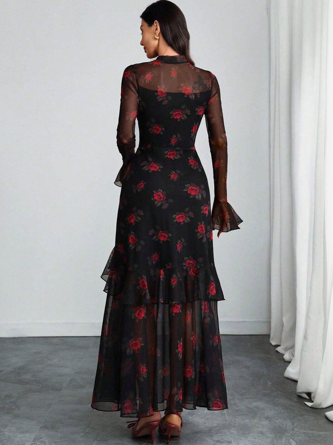 Floral Print Flared Sleeve Ruffled Sheath Maxi Dress