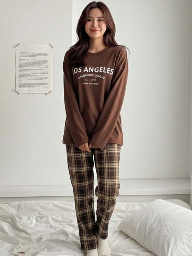 Brown Solid Top with Checked Trousers - Nowi Korean Fashion