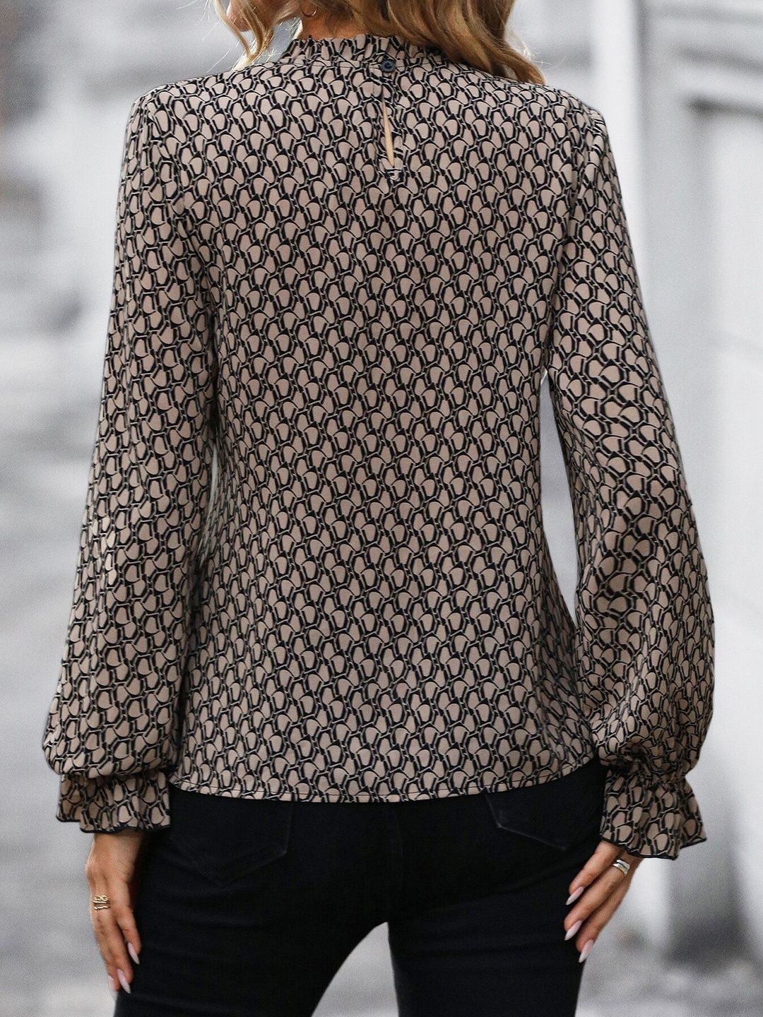 Women's Beige Print Flared Sleeve Ruffles Wrap Top