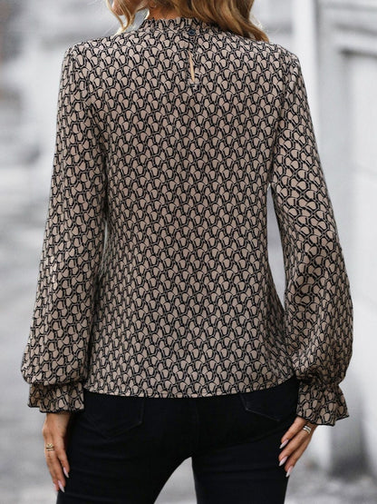 Women's Beige Print Flared Sleeve Ruffles Wrap Top