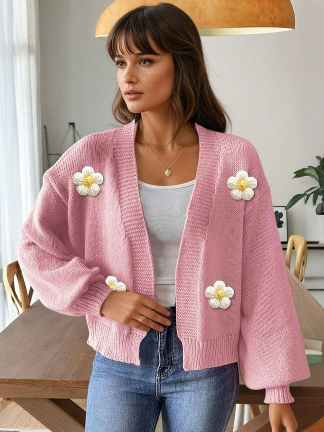 Cardigan with Applique Detail in Pink acrylic Style 467 - Nowi Korean Fashion