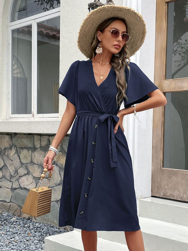 Flared Sleeve Fit & Flare Midi Dress - Nowi Korean Fashion