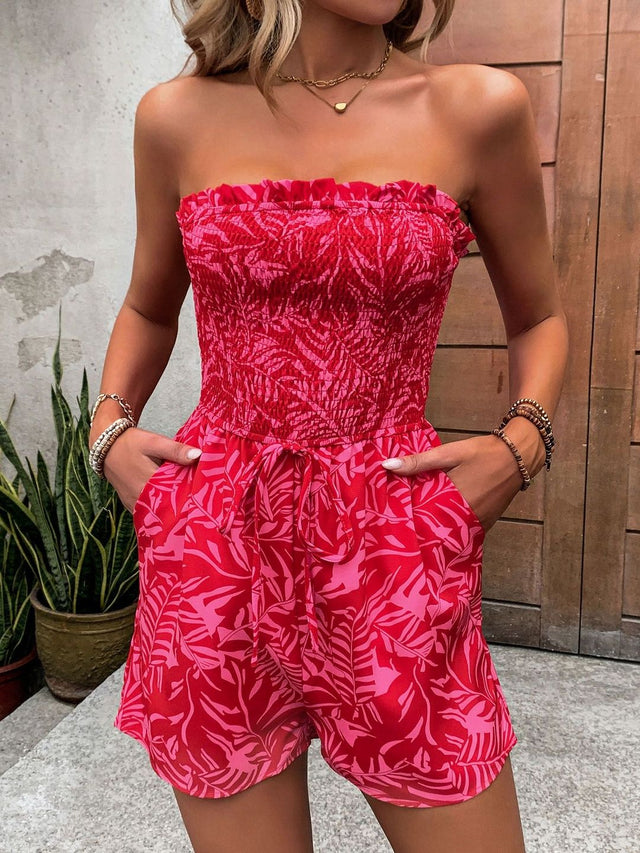 Strapless Printed with Ruffles Jumpsuit in Red synthetic - Nowi Korean Fashion