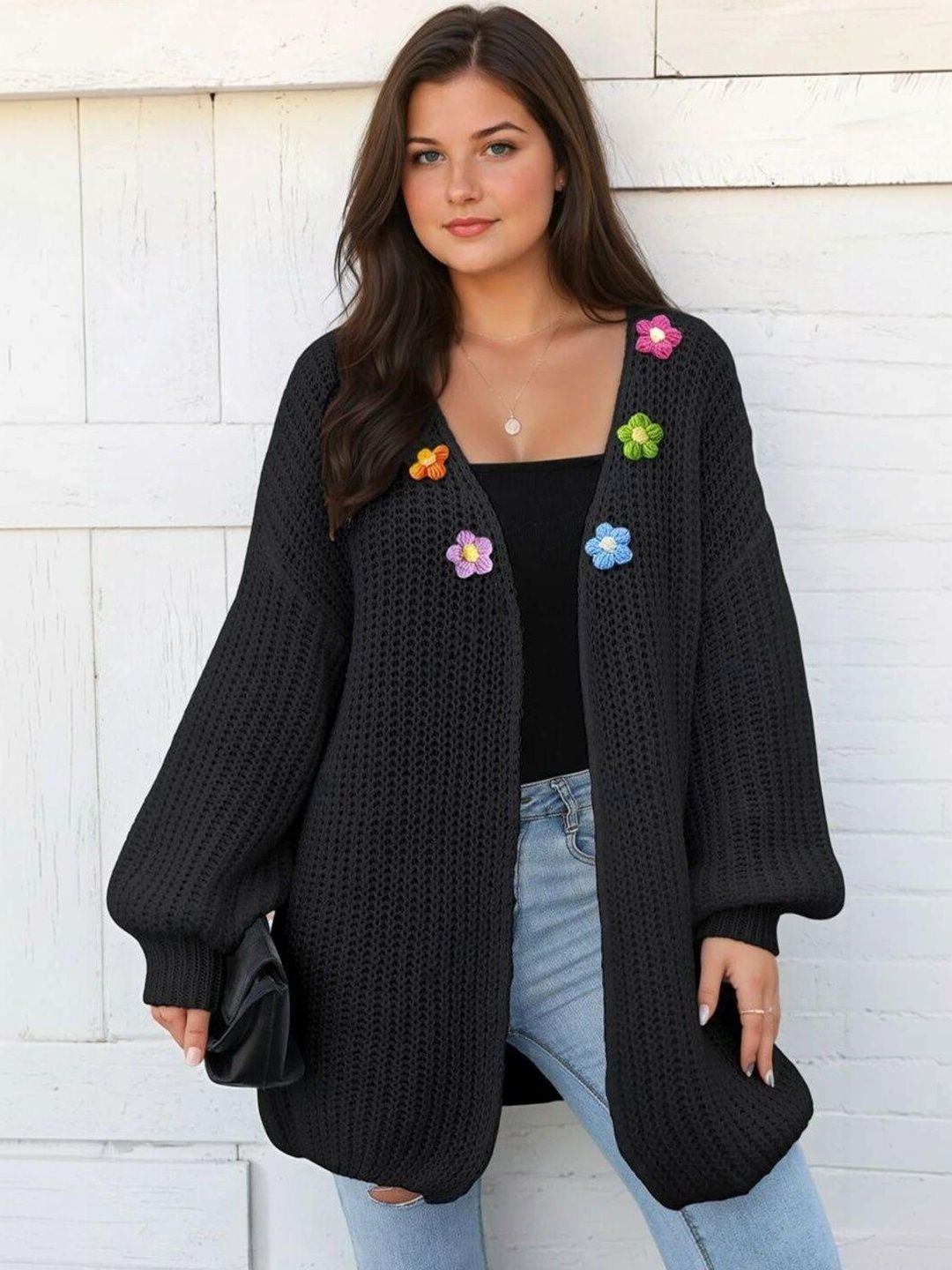 Colourblocked Ribbed Longline Cardigan with Embellished Detail in Black acrylic - Nowi Korean Fashion