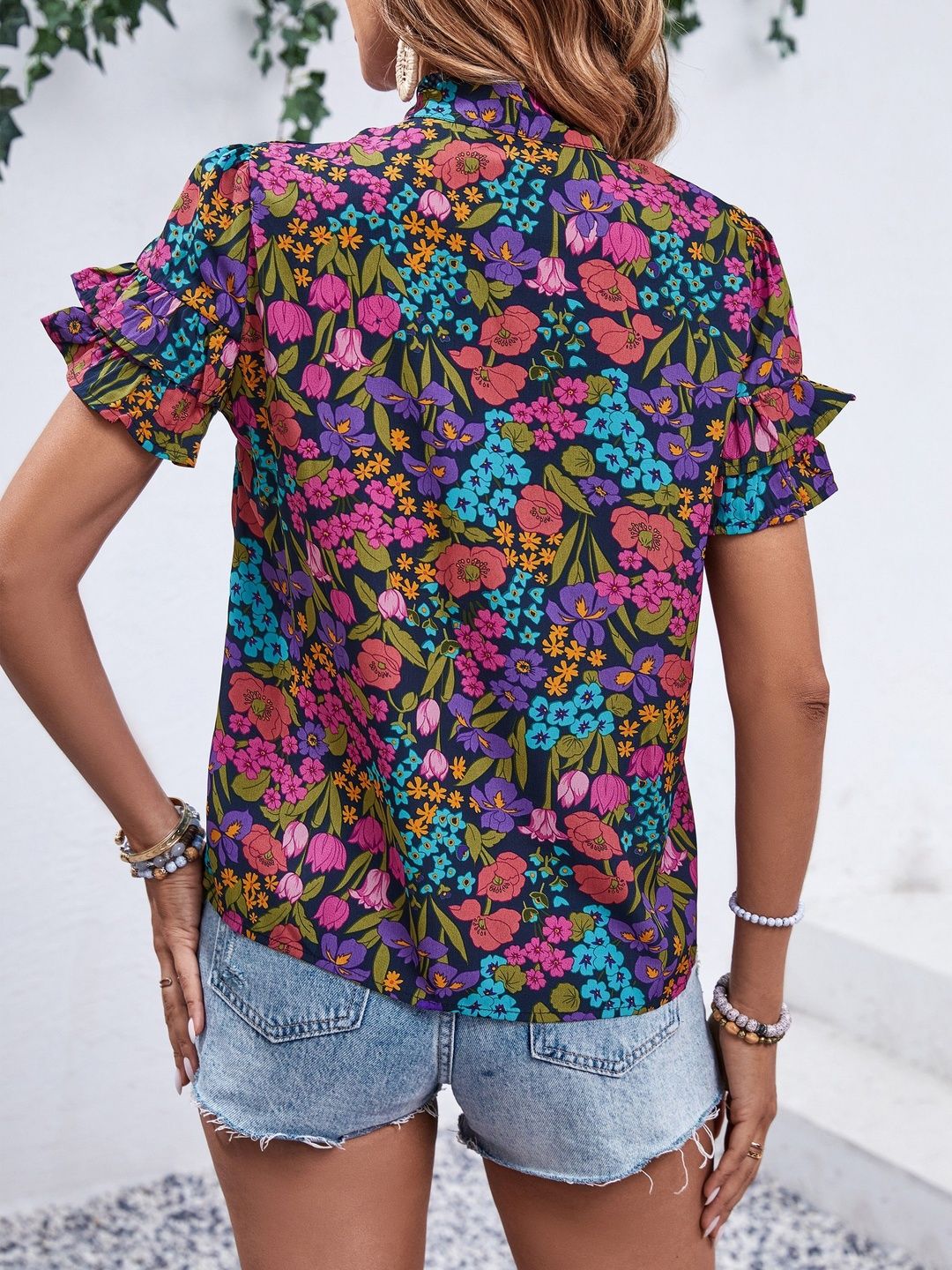 Floral Print Tie-Up Neck Flutter Sleeve Ruffles Cotton Top