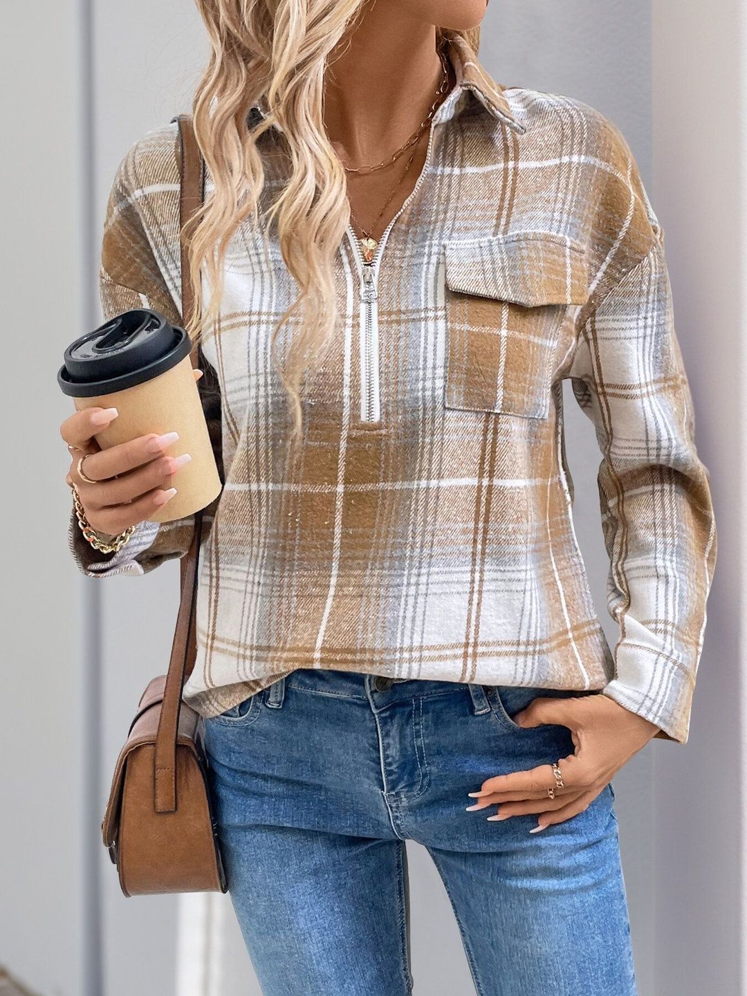 Checked Polo Collar Zip T-shirt in Brown Cotton - Nowi Korean Fashion