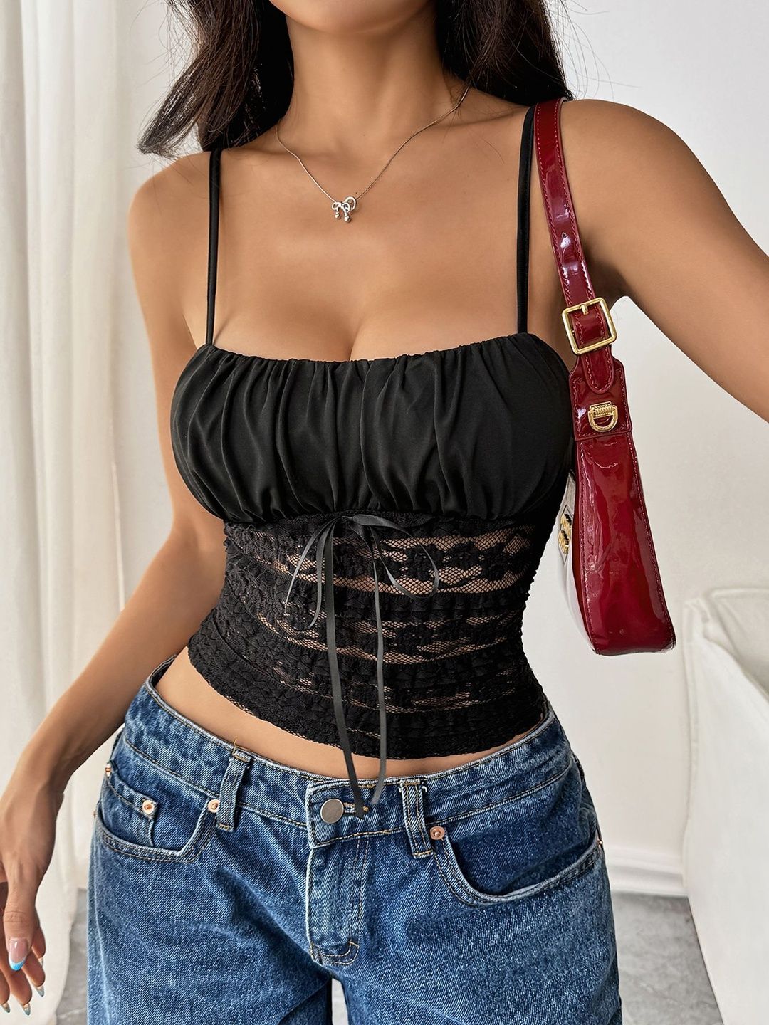 Embellished Cotton Crop Top in Black - Nowi Korean Fashion