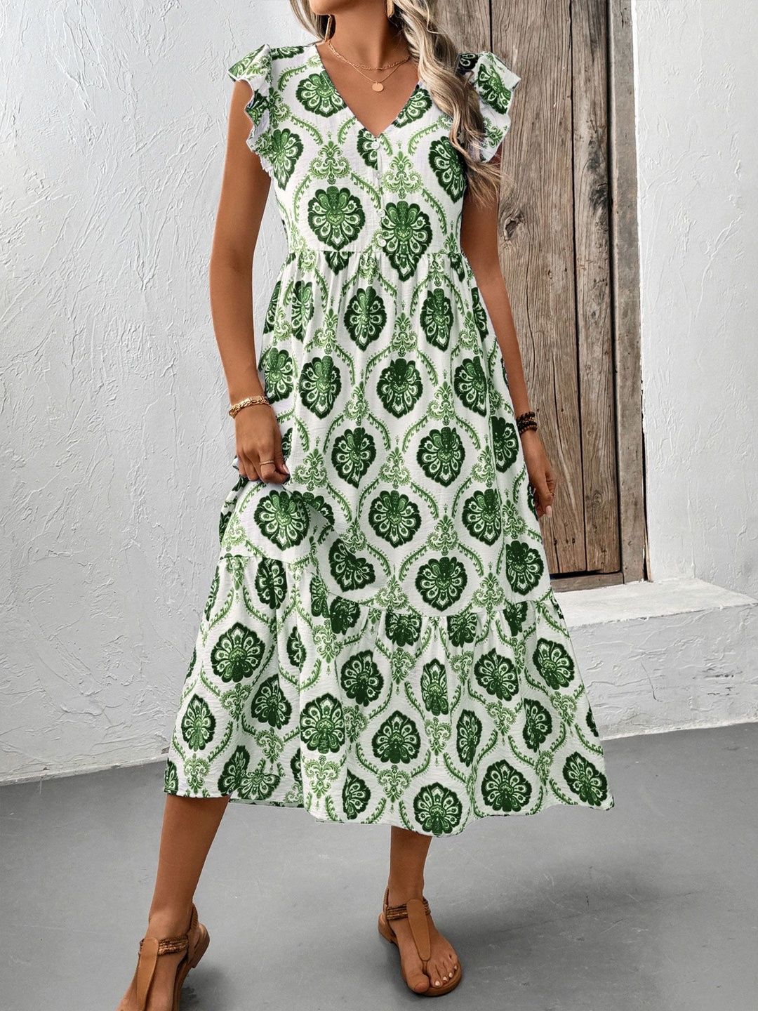 Floral Print Flutter Sleeve Fit & Flare Midi Dress in White cotton - Nowi Korean Fashion