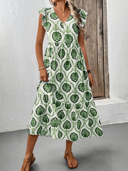 Floral Print Flutter Sleeve Fit & Flare Midi Dress in White cotton - Nowi Korean Fashion