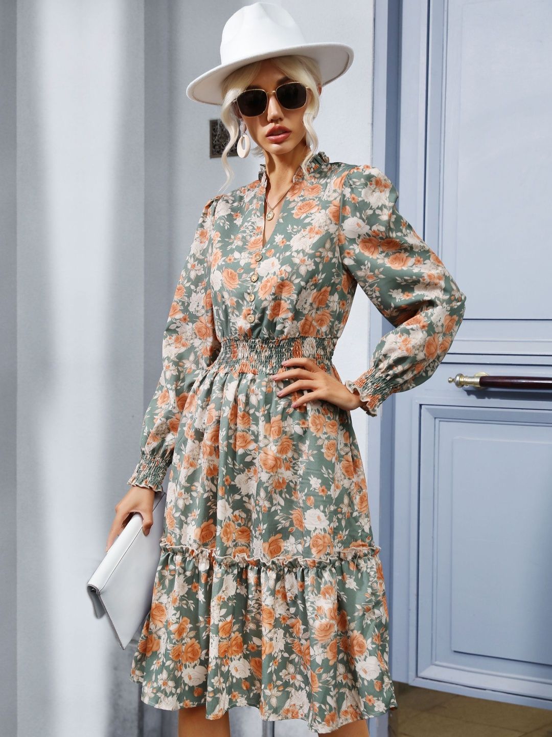 Women's Green Floral Print Fit & Flare Midi Dress Blend