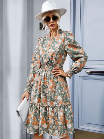 Women's Green Floral Print Fit & Flare Midi Dress Blend