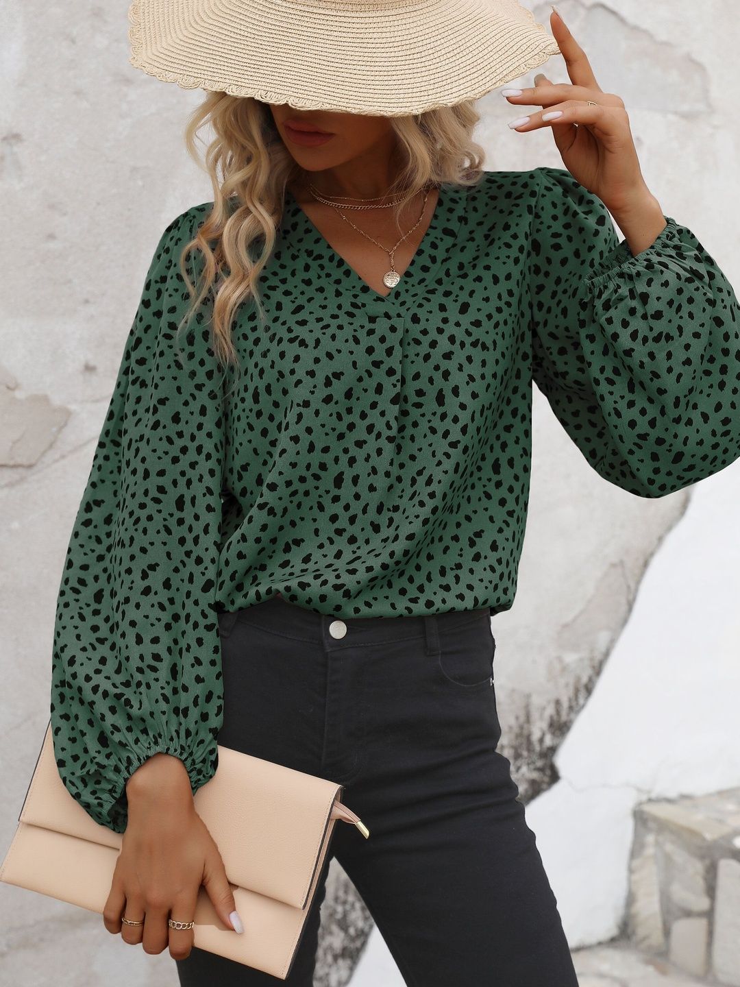 Women's Green Animal Print Puff Sleeve Top
