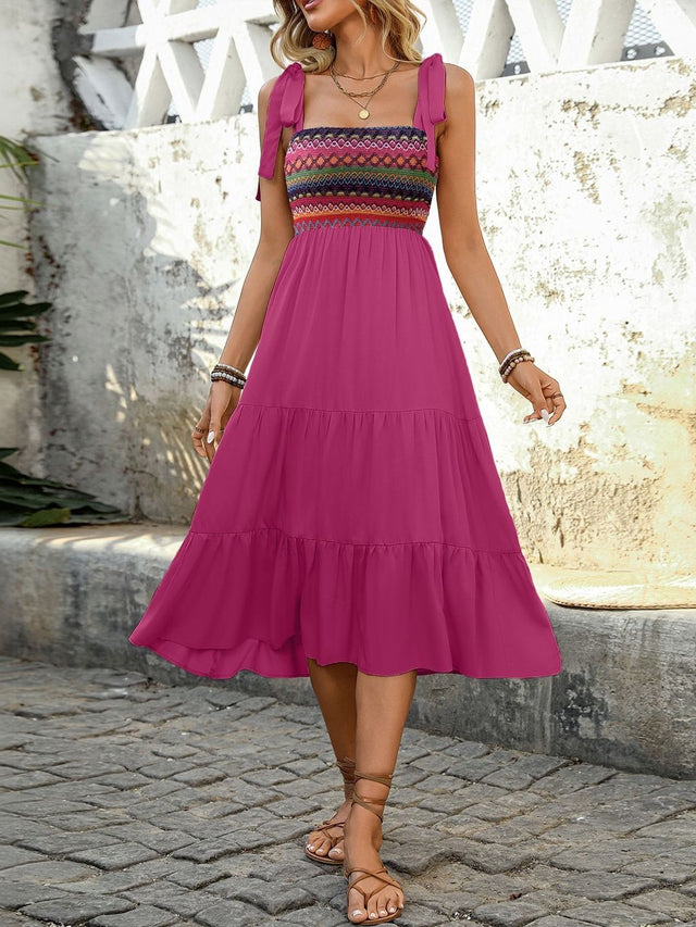 Colourblocked A-Line Midi Dress - Nowi Korean Fashion