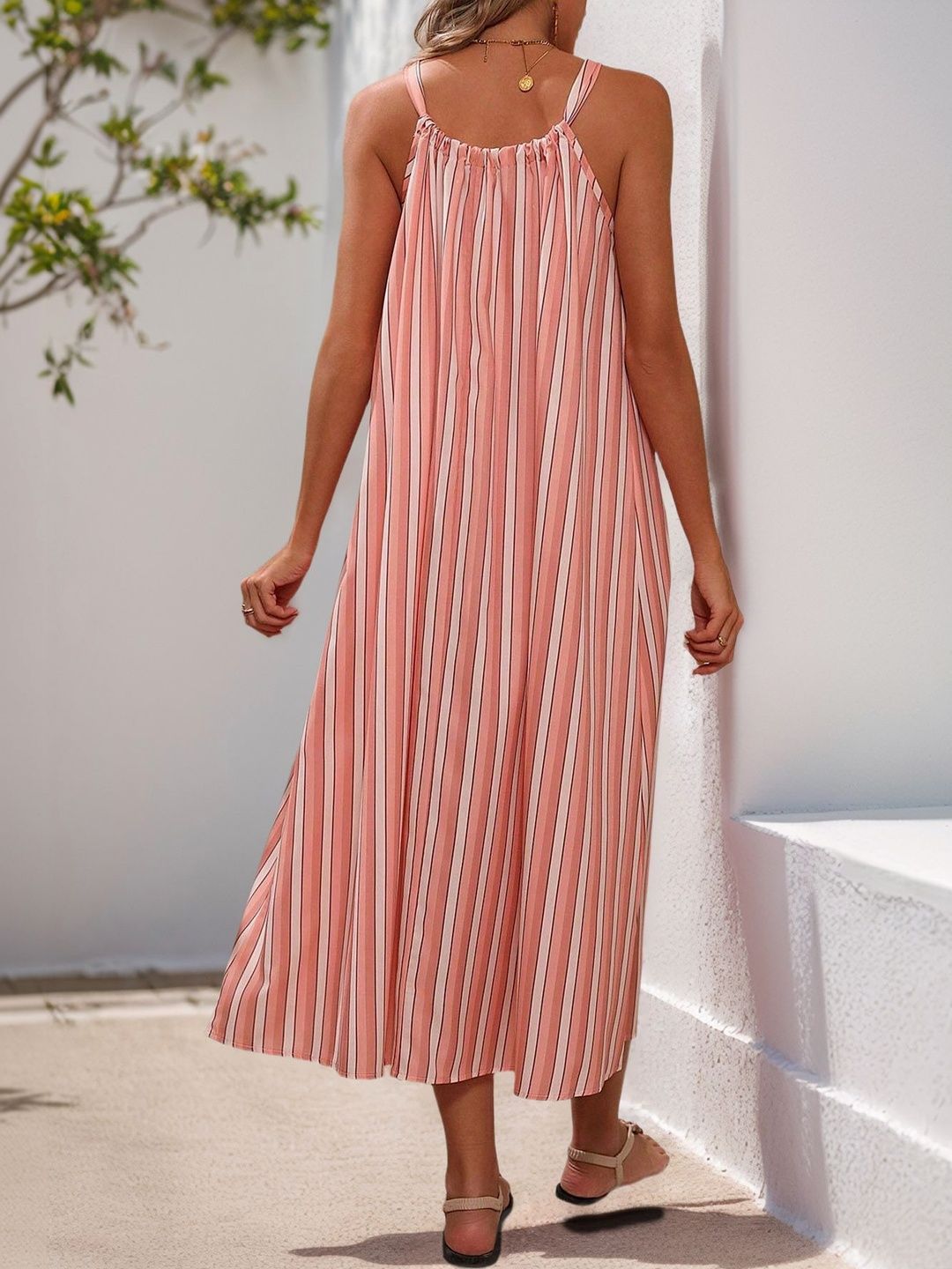 Striped Tie-Up Neck Midi Dress