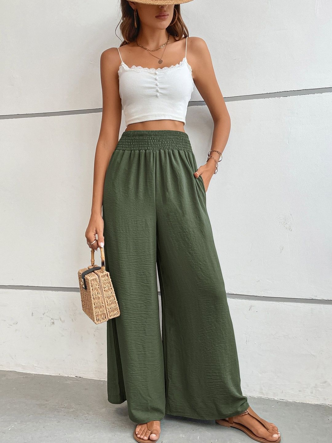 Loose Fit High-Rise Trousers in Green - Nowi Korean Fashion