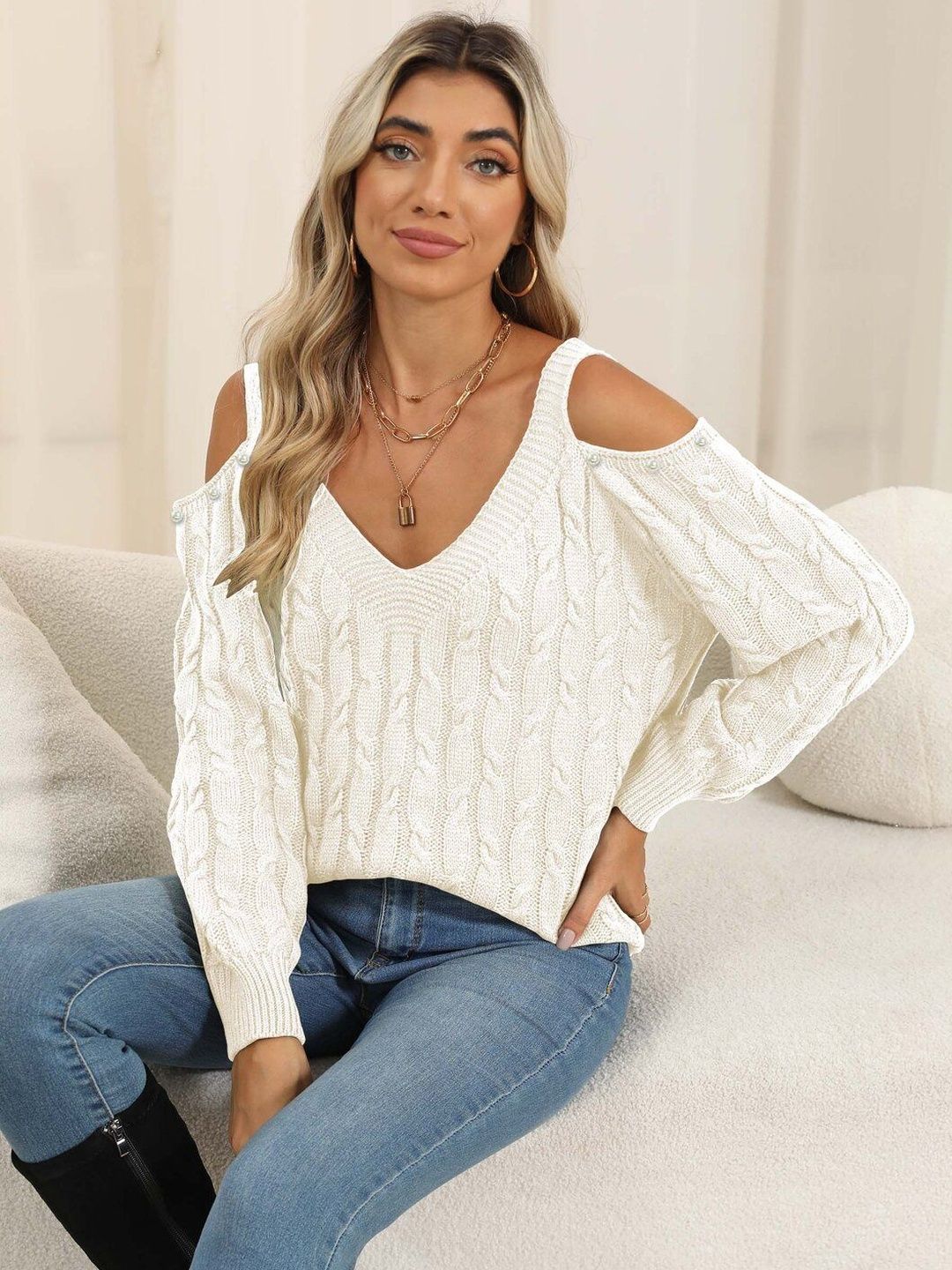 Women Cable Knit Pullover with Embellished Detail