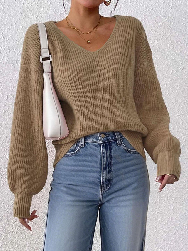 Ribbed Pullover in Brown acrylic Style 453 - Nowi Korean Fashion