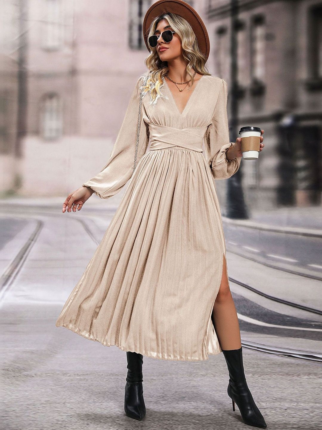 Women's Beige A-Line Midi Dress Blend Printed