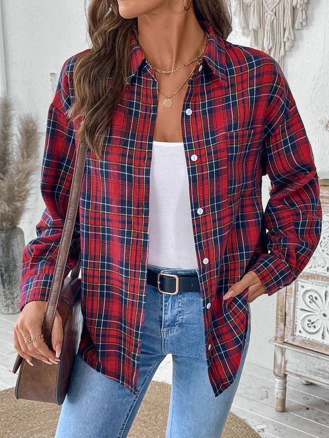 Tartan Checks Checked Casual Shirt in Red Cotton Long Sleeve - Nowi Korean Fashion