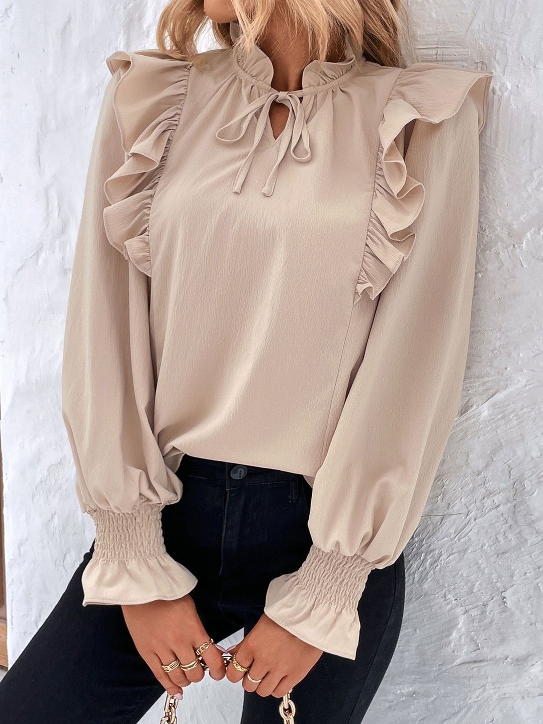 Bishop Sleeves Ruffles Top in Beige - Nowi Korean Fashion