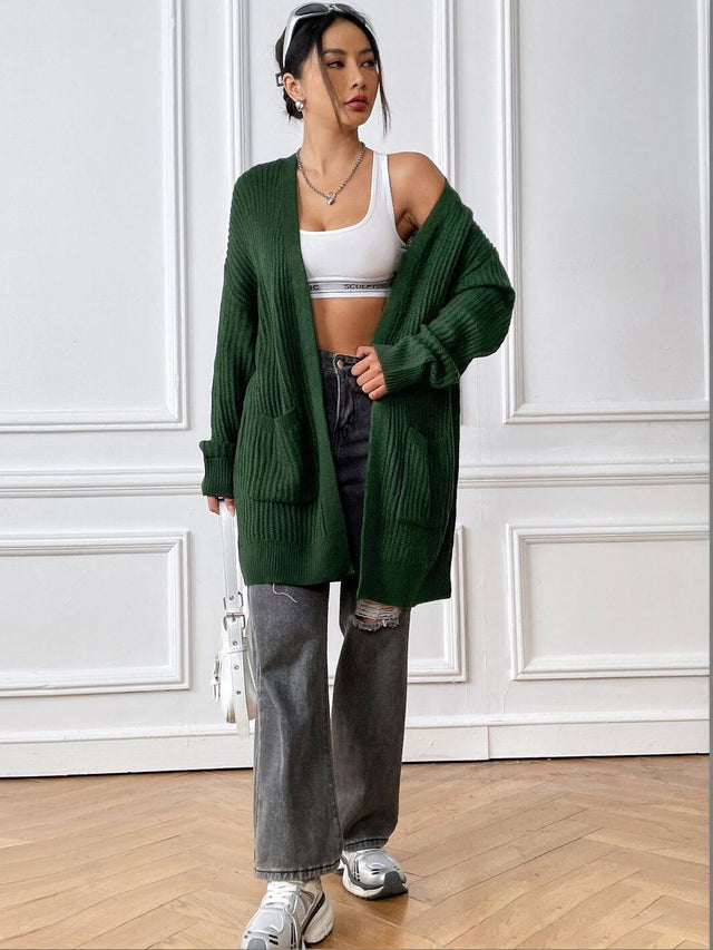 Ribbed Cardigan in Green acrylic Long Sleeve - Nowi Korean Fashion