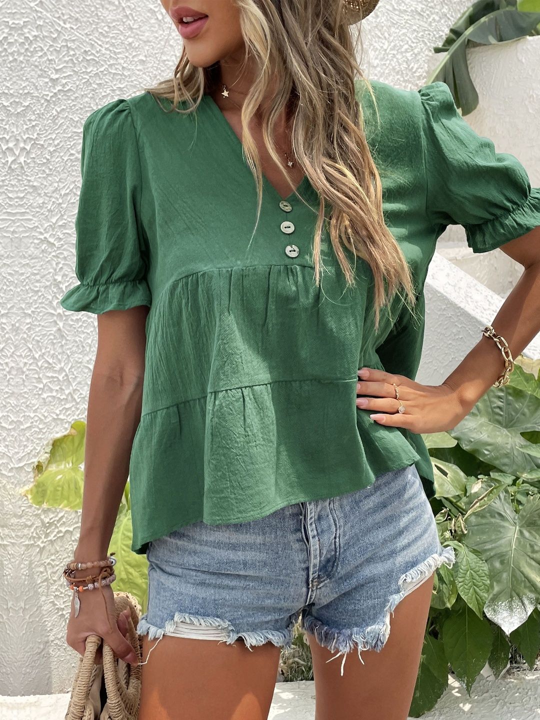 Puff Sleeve Cotton Peplum Top